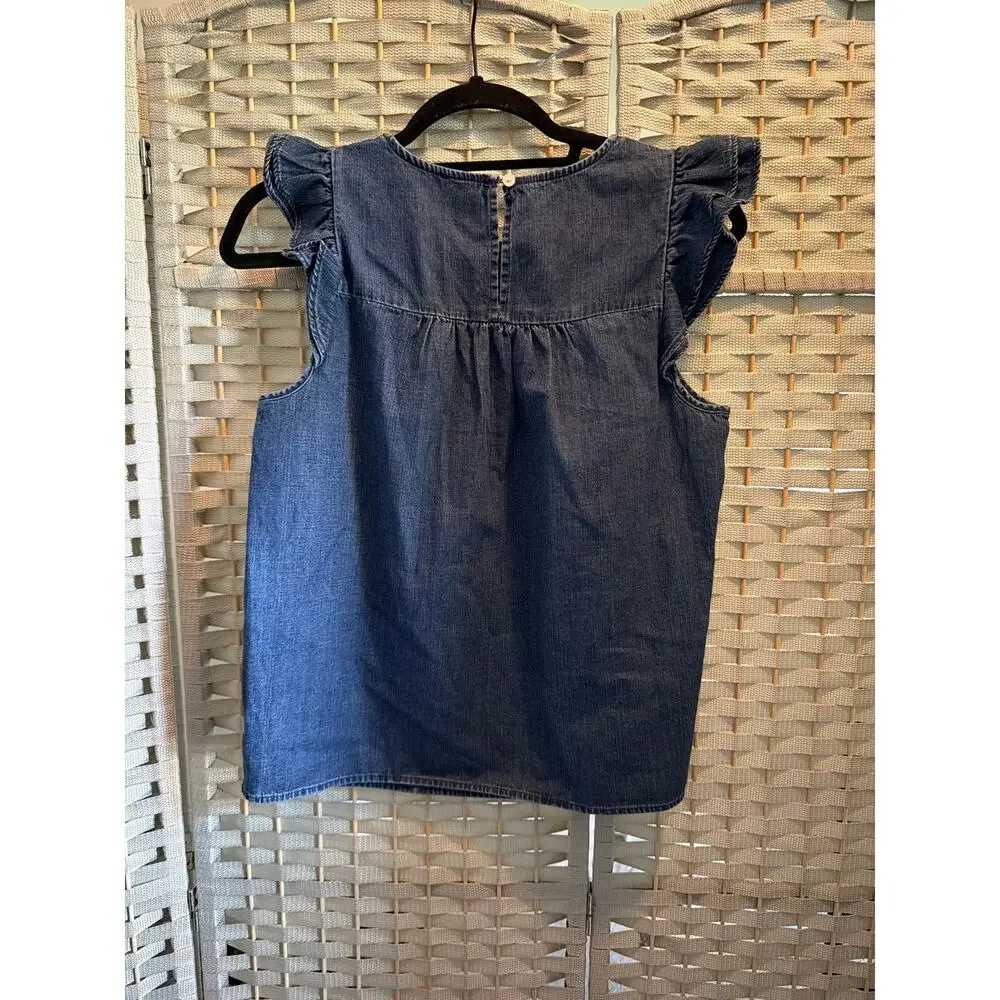 J. Crew Factory Chambray Pleated Ruffle Sleeves Top Blue XS Crew Neckline